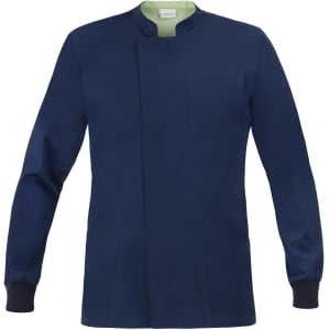 A navy tunic with a high collar, long sleeves, and a front pocket, featuring a contrasting inner lining.