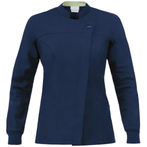 A navy long sleeve tunic with a unique front design and a small logo on it.