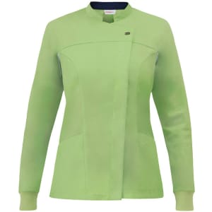 A green long sleeve tunic with a round neckline and a sleek design, featuring front pockets and a logo.