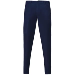 Navy Elia Pants with a slim fit and pockets, featuring a branding logo.