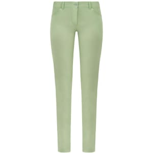 A pair of light green fitted pants with five pockets and a button closure. The pants feature a branding logo.