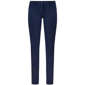 Navy blue pants with a slim fit design, featuring pockets and a button closure, include branding on the waistband.