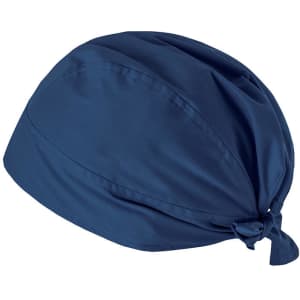 A navy bandana with a tied design, featuring soft fabric and a sleek, smooth appearance. It has a logo on it.
