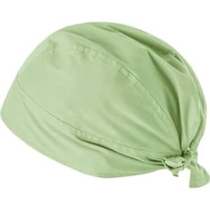 A light green bandana with a tied back style, featuring a simple, smooth fabric design and a small logo.