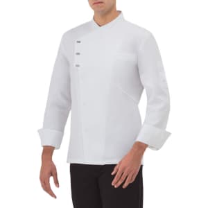 A white chef's jacket featuring a modern design with long sleeves and a side pocket. Includes a logo on the sleeve.