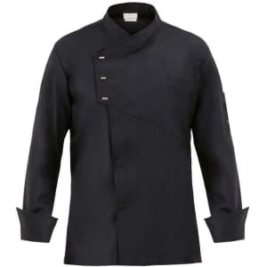 A black chef jacket featuring a diagonal design, long sleeves, and a pocket on the left side.