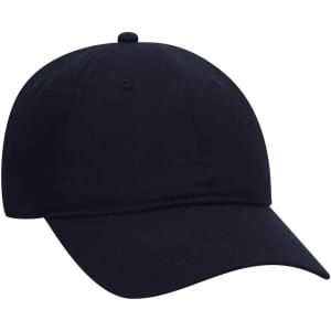 A black 6 panel baseball cap with a rounded crown and a curved peak, featuring a branded logo.
