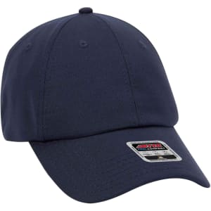 A navy blue 6 panel baseball cap with a logo on the front and a curved brim.