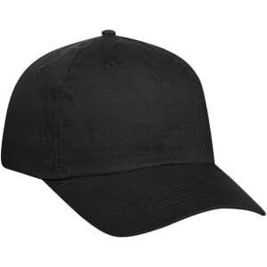 A black 6-panel baseball cap with a rounded peak and a logo on the front.