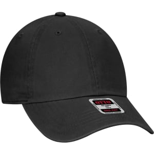 A black 6 panel dad hat featuring a curved brim and a logo on the label.