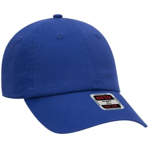 A royal blue 6 panel dad hat with a curved brim and a logo on the front.