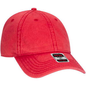 A red six panel dad hat with a curved brim and an adjustable strap. It features a logo on the side.