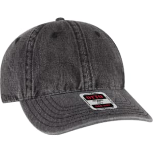 A grey 6-panel low profile dad cap with a curved brim and a logo on the front.