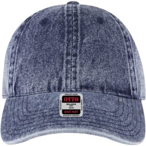 A denim 6 Panel Low Profile Dad Cap featuring a branded label on the front.