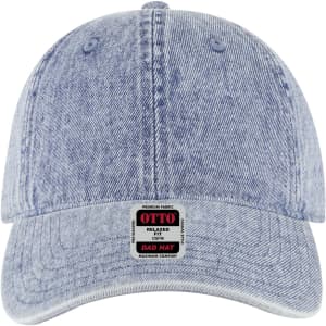 A light blue denim 6-panel low profile dad cap with a logo and a curved brim.