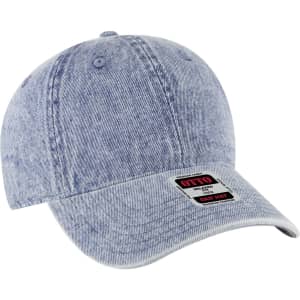 A light blue denim-style 6 panel low profile dad cap with a logo and a curved brim.