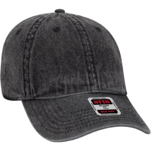 A grey 6 panel dad hat featuring a curved brim and a logo tag on the side.