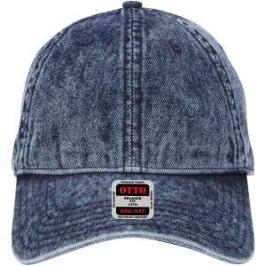A denim blue 6-panel low profile dad cap featuring a logo on the front.