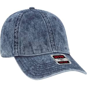 A denim-patterned 6 Panel Dad Hat in shades of blue, featuring a logo on the front.