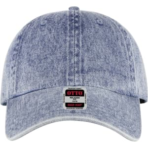 A light denim blue six-panel low profile dad cap with an adjustable strap and a logo label on the front.
