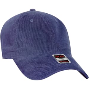 A corduroy blue baseball cap with a curved brim and a branded tag on the front.
