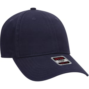 A navy blue six-panel dad hat with a curved brim and a logo label on the front.