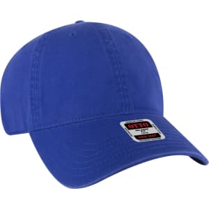 A blue dad hat with a curved brim and a logo on the front. Suitable for casual wear.