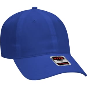 A blue 6-panel baseball cap featuring a curved brim and a logo on the front.