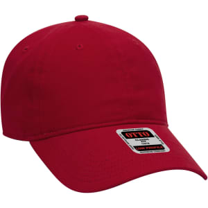 A red 6-panel baseball cap with a curved brim and a logo label on the side.