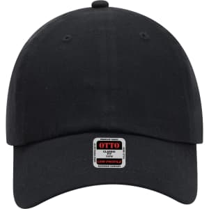 A black 6-panel low profile baseball dad cap with a logo patch on the front.
