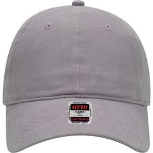 A low profile baseball dad cap in a soft grey shade with a branded tag on the front.