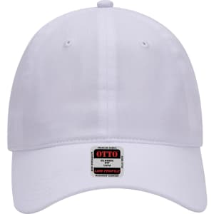 A white 6-panel low profile baseball cap with a logo on the front.