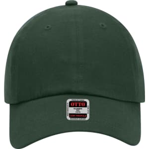 A dark green 6-panel low profile baseball dad cap with a logo on the front.