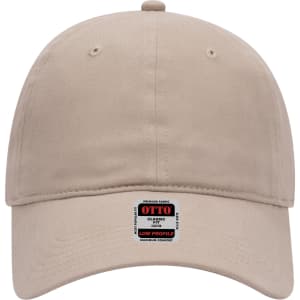 A beige 6 panel low profile baseball dad cap with a logo on the front.