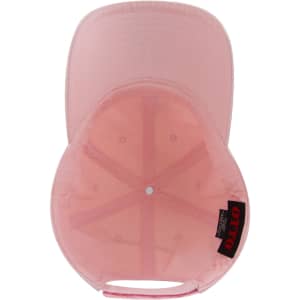 A pink 6-panel low profile dad cap with a curved brim and an inner label, featuring ventilation holes for breathability.