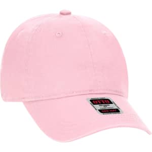 A pink 6 panel dad hat with a curved brim and a logo on the front.