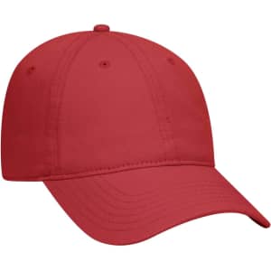 A red 6 panel dad hat featuring a curved brim and a logo on the front. Suitable for casual wear.