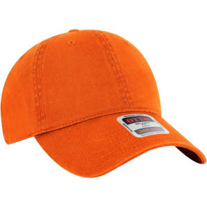 An orange 6 panel low profile dad cap with a curved brim and a brand logo on the side.