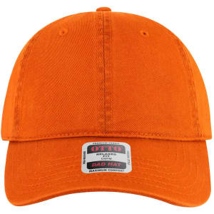 An orange 6-panel low profile dad cap with a curved brim and an attached logo.