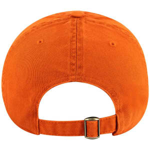 An orange 6 panel low profile dad cap featuring an adjustable strap and a logo on the back.