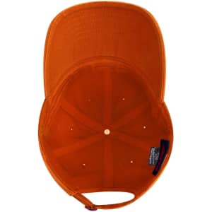 An orange 6 Panel Low Profile Dad Cap with a curved brim and an inner lining, featuring a logo.