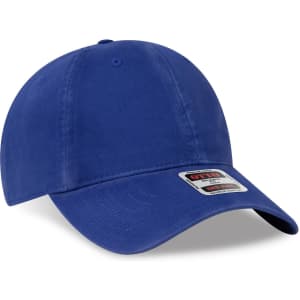 A blue 6-panel low profile dad hat with a curved brim and a logo.