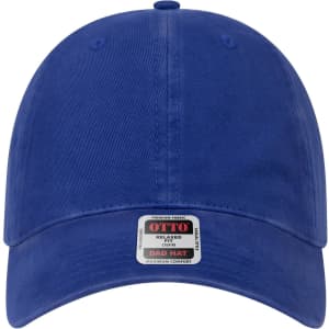 A blue 6 panel low profile dad hat featuring a logo on the front and a curved brim.