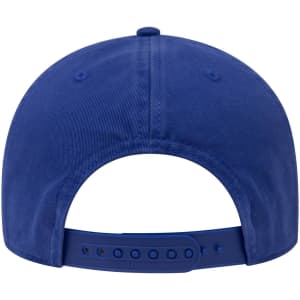 A blue 6 panel low profile dad hat featuring an adjustable strap and a logo on the back.