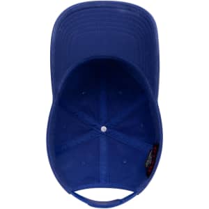A blue 6 panel low profile dad hat with an interior view showcasing stitching and a button at the crown.