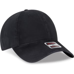 A black 6-panel low profile dad hat featuring a curved brim and a branding logo.