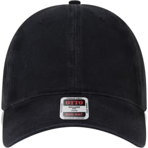 A black 6 panel low profile dad hat with a logo label at the front.