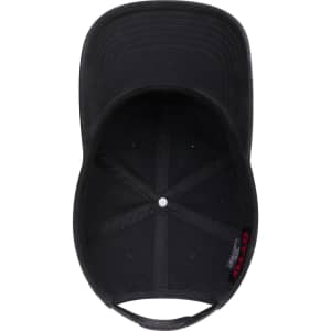 A black 6 panel low profile dad hat featuring a curved brim and an inner lining with a logo.