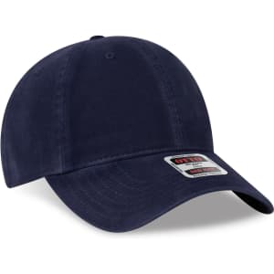 A navy blue 6 panel low profile dad hat with a curved brim and a logo on the side.