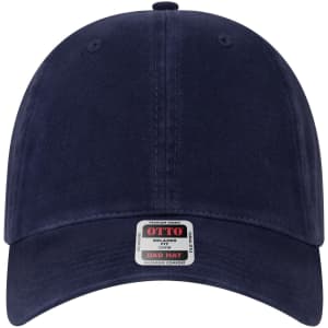 A navy six-panel low profile dad hat featuring a logo on the front and a label on the brim.